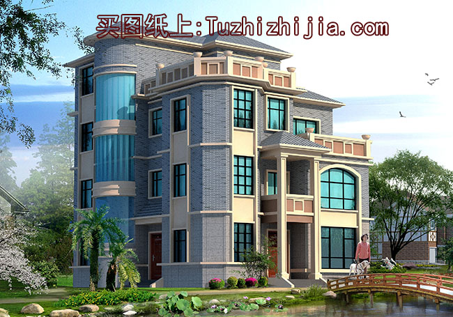 高端歐式四層別墅房屋施工圖紙及效果圖，圓弧大窗