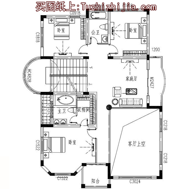 高端歐式四層別墅房屋施工圖紙及效果圖，圓弧大窗