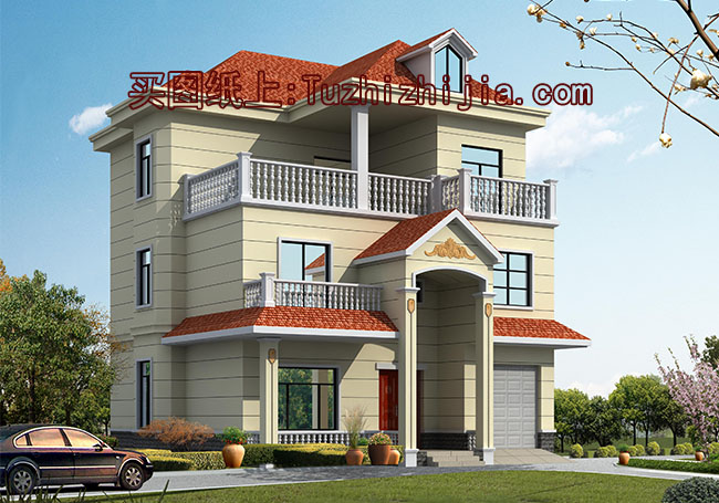 帶車庫現(xiàn)代三層樓房設計圖，外觀效果圖時尚、美觀