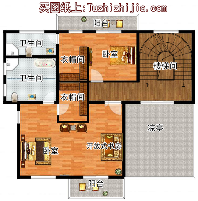 現(xiàn)代新中式四層復(fù)式別墅房屋設(shè)計圖，旋轉(zhuǎn)樓梯，含效果圖