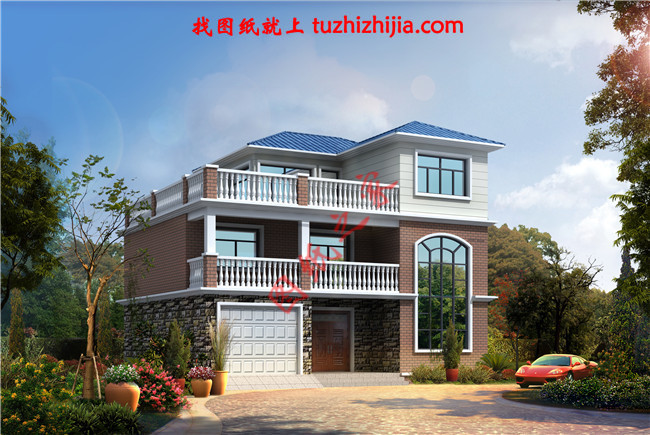 帶車庫現(xiàn)代三層房屋別墅設計圖，占地110平米左右，功能齊全