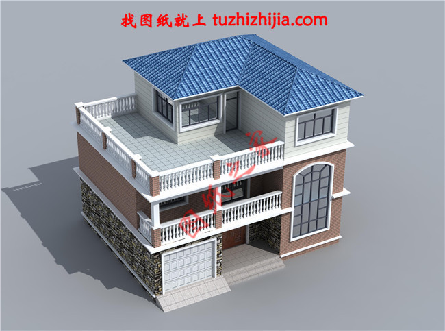 帶車庫現(xiàn)代三層房屋別墅設計圖，占地110平米左右，功能齊全