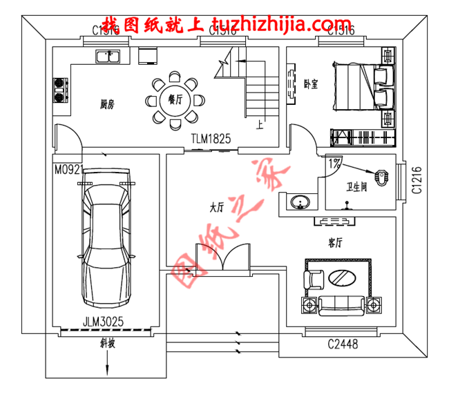 帶車庫現(xiàn)代三層房屋別墅設計圖，占地110平米左右，功能齊全