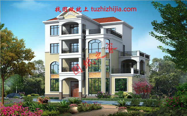 四層豪簡(jiǎn)歐風(fēng)格的自建房屋造型，客廳中空，旋轉(zhuǎn)樓梯，二三四層都帶有露臺(tái)