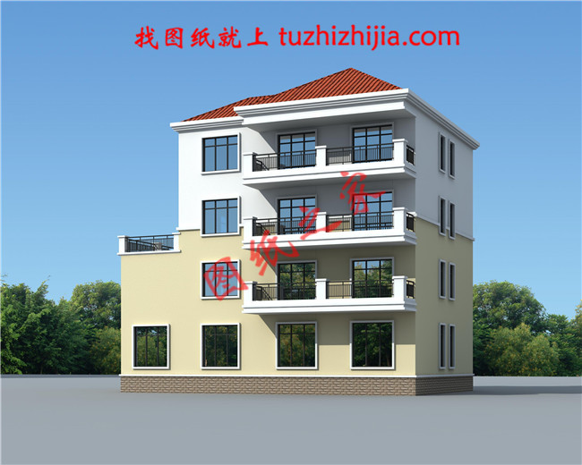 四層豪簡(jiǎn)歐風(fēng)格的自建房屋造型，客廳中空，旋轉(zhuǎn)樓梯，二三四層都帶有露臺(tái)