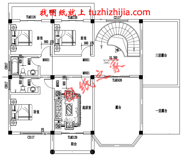 四層豪簡(jiǎn)歐風(fēng)格的自建房屋造型，客廳中空，旋轉(zhuǎn)樓梯，二三四層都帶有露臺(tái)