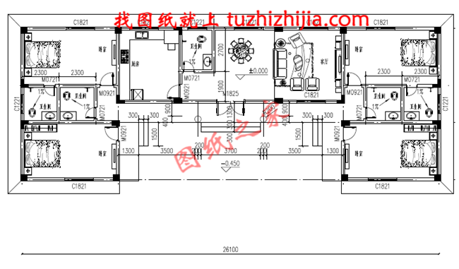 一層三合院自建房屋設(shè)計(jì)的圖紙，建筑面積200平米左右