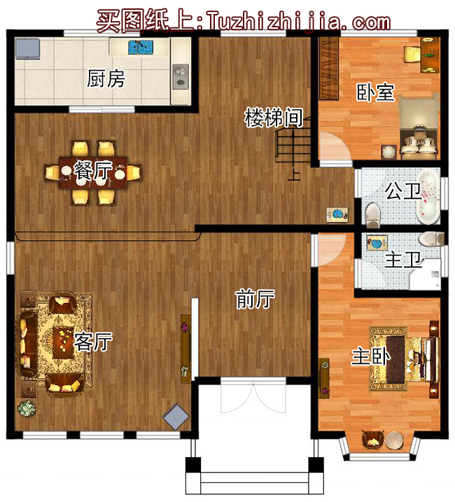 140平二層帶閣樓別墅設(shè)計方案圖，外觀圖片色彩明快