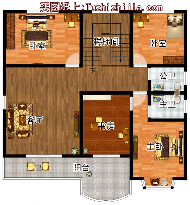 140平二層帶閣樓別墅設(shè)計方案圖，外觀圖片色彩明快