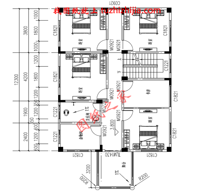 120平米簡單實用型農(nóng)村小別墅設計圖，二層屋頂為全露臺，小開間，長進深