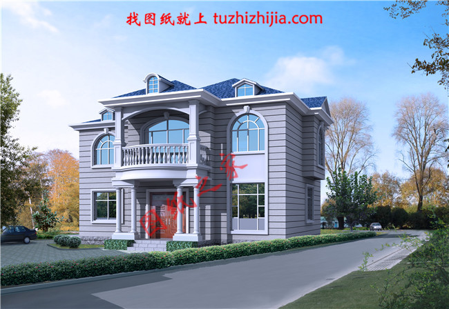 時尚創(chuàng)意型二層小別墅設計圖，占地面積110平方米，外觀清新典雅