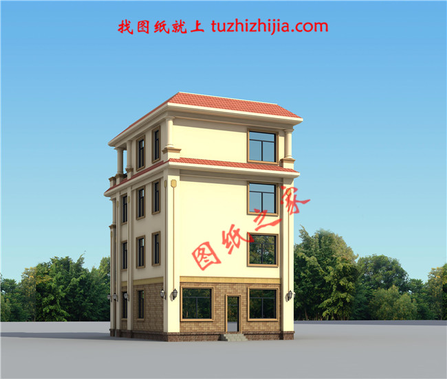 8.5×12米四層歐式房屋設(shè)計圖紙，占地100平，落地窗中嵌入了雕花