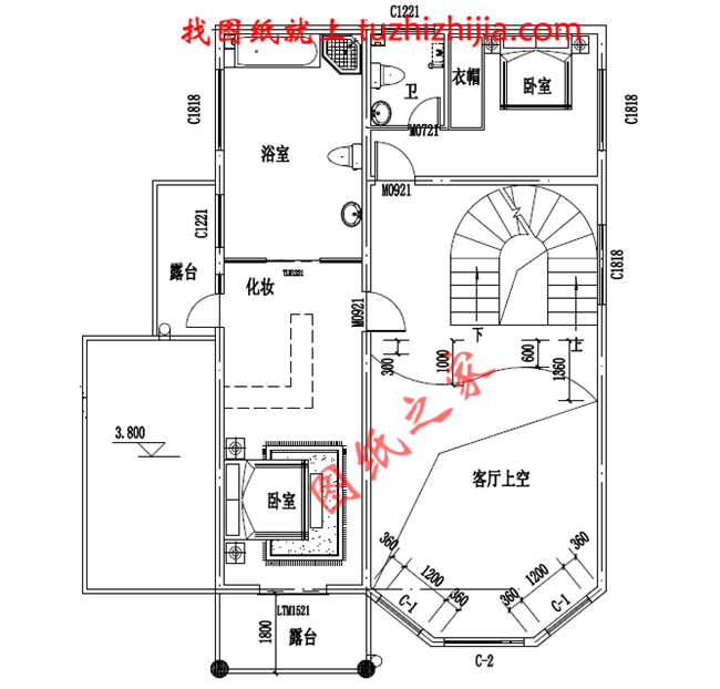 農村四層樓房設計圖，復式結構、客廳中空，外觀效果圖+全套圖紙
