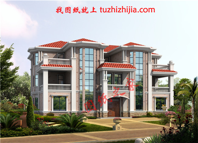 三層兄弟雙拼別墅設(shè)計(jì)圖，外觀大氣漂亮，顏色搭配協(xié)調(diào)，一層為公用客廳