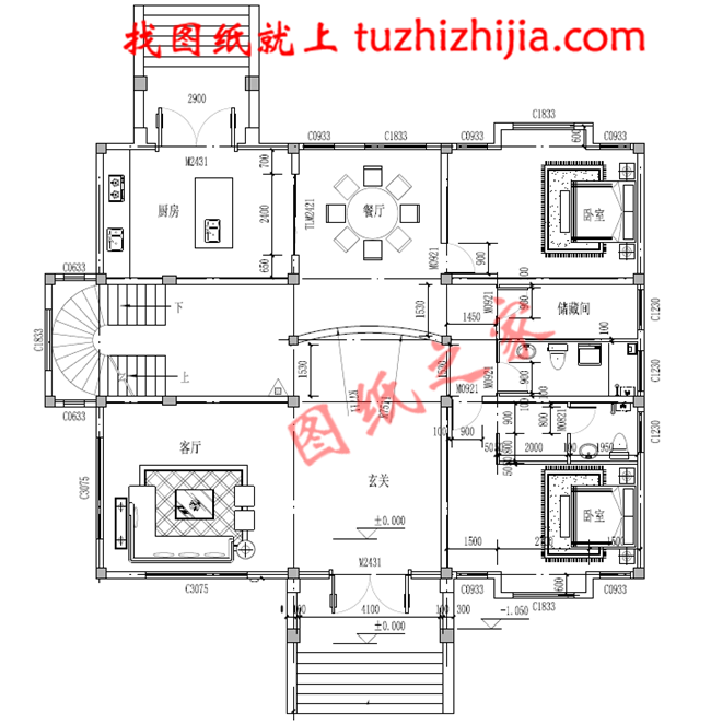 高端三層別墅設(shè)計圖紙，客廳中空，帶地下室，設(shè)置多個套間