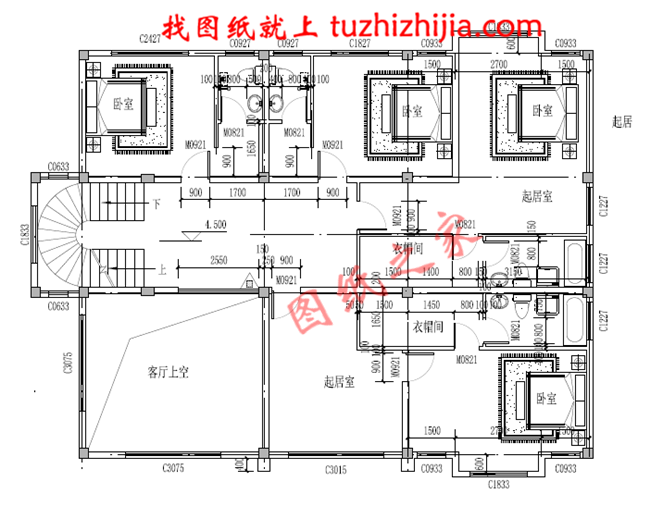 高端三層別墅設(shè)計圖紙，客廳中空，帶地下室，設(shè)置多個套間
