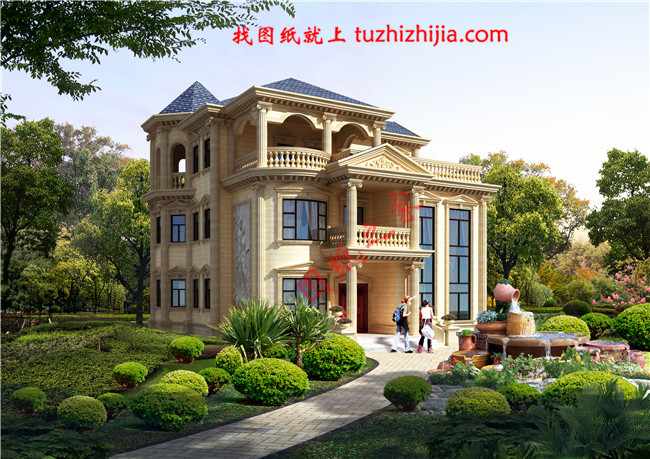 高端大氣三層歐式別墅設(shè)計(jì)圖紙，客廳中空，旋轉(zhuǎn)樓梯增加室內(nèi)的高級(jí)感