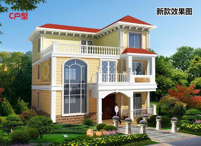 115平旋轉(zhuǎn)樓梯三層復(fù)式別墅房屋設(shè)計(jì)圖，含外觀效果圖