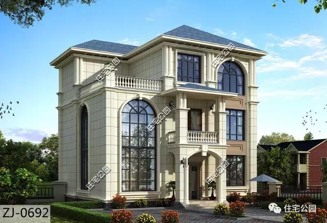 12X12米農(nóng)村簡歐三層樓房設(shè)計圖，挑空客廳