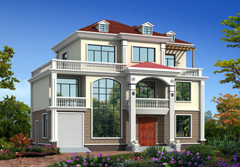 農(nóng)村4間3層樓房設(shè)計(jì)圖，帶車(chē)庫(kù)，挑空客廳，坡屋頂設(shè)計(jì)