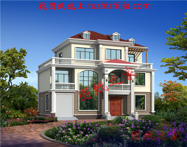 農(nóng)村4間3層樓房設(shè)計圖，帶車庫，挑空客廳，坡屋頂