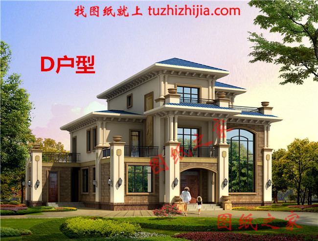 歐式三層樓房設(shè)計(jì)圖，客廳中空，旋轉(zhuǎn)樓梯，帶土灶房