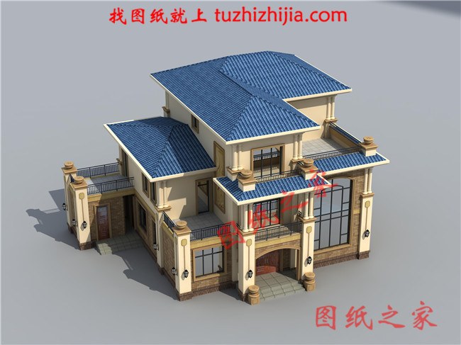 歐式三層樓房設(shè)計(jì)圖，客廳中空，旋轉(zhuǎn)樓梯，帶土灶房