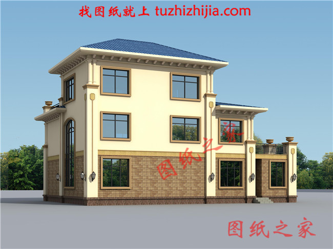 歐式三層樓房設(shè)計(jì)圖，客廳中空，旋轉(zhuǎn)樓梯，帶土灶房