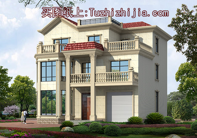 帶車庫三間復(fù)式三層樓房設(shè)計圖，外觀精致、大方