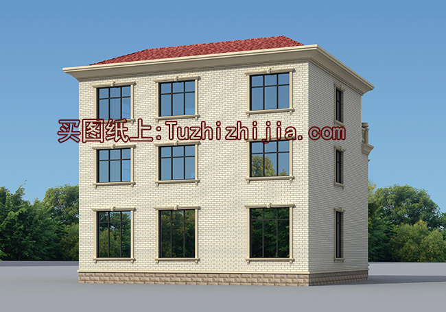 帶車庫三間復(fù)式三層樓房設(shè)計圖，外觀精致、大方