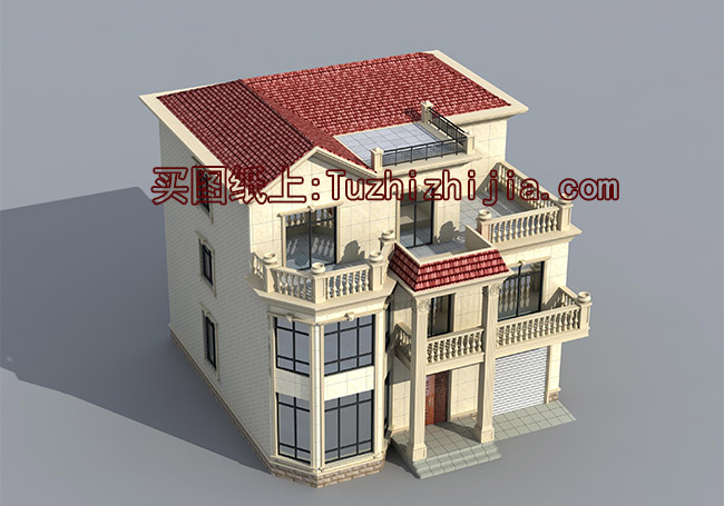 帶車庫三間復(fù)式三層樓房設(shè)計圖，外觀精致、大方