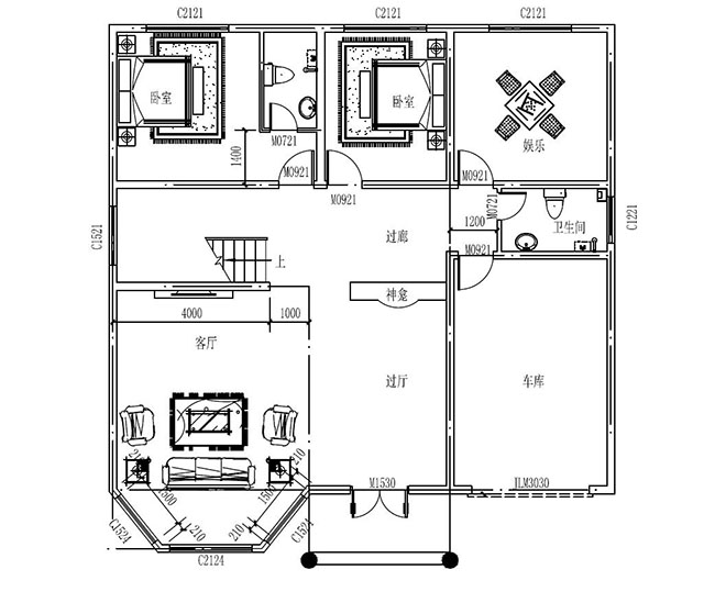 帶車庫三間復(fù)式三層樓房設(shè)計圖，外觀精致、大方