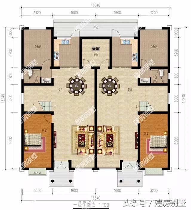 共用堂屋的三層雙拼別墅設(shè)計(jì)方案，倆兄弟這樣建很好