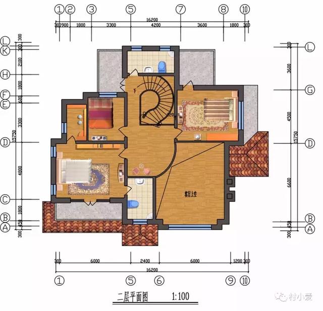 16x16m二層歐式小別墅方案圖，大落地窗+挑空客廳