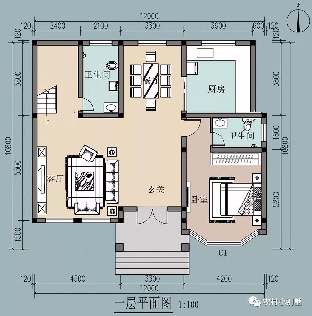 12*11米美式雙層農(nóng)村別墅設(shè)計(jì)方案圖，落地采光窗+坡屋頂
