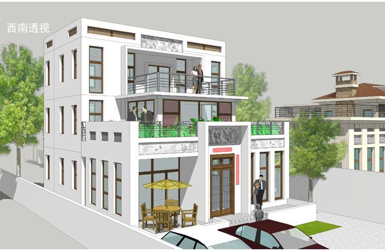 [房先生]三層對稱自建房別墅圖紙 現(xiàn)代中式帶陽光房大露臺