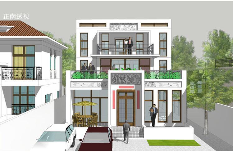 [房先生]三層對稱自建房別墅圖紙 現(xiàn)代中式帶陽光房大露臺