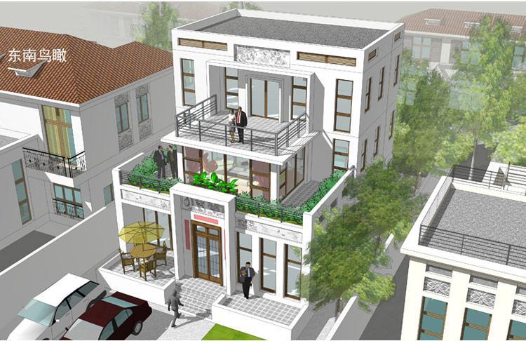 [房先生]三層對稱自建房別墅圖紙 現(xiàn)代中式帶陽光房大露臺