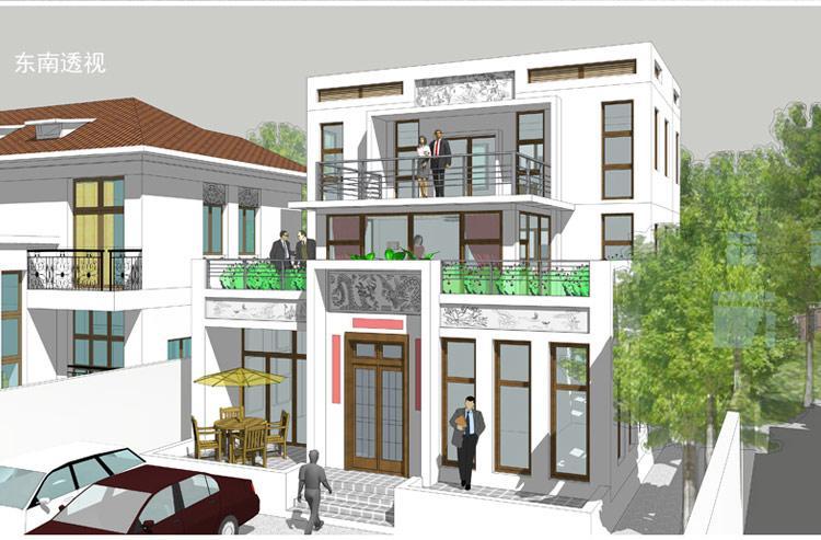 [房先生]三層對稱自建房別墅圖紙 現(xiàn)代中式帶陽光房大露臺