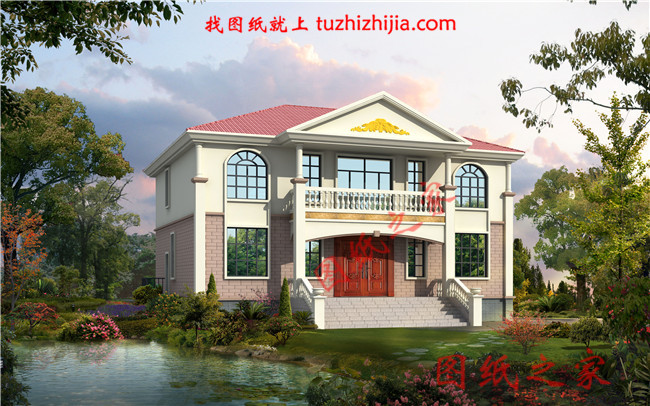 農(nóng)村二層小樓的設(shè)計(jì)圖紙，整體外觀凹凸有致，紅色的坡面屋頂