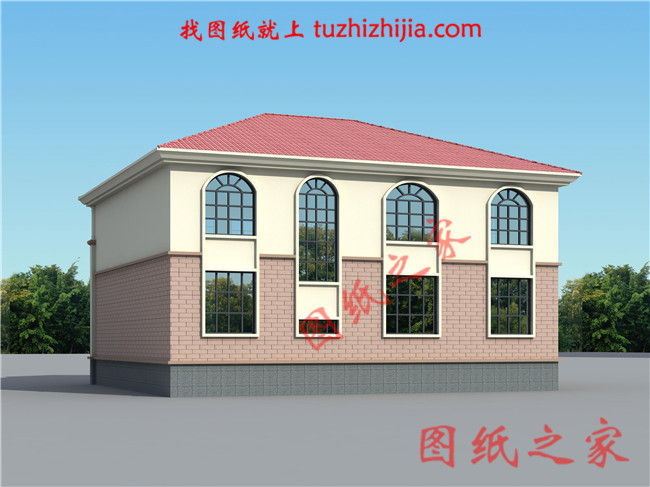 農(nóng)村二層小樓的設(shè)計(jì)圖紙，整體外觀凹凸有致，紅色的坡面屋頂