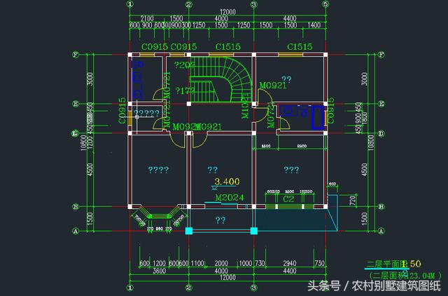 12米X10.8米三層旋轉樓梯房屋設計圖，拿到即可施工