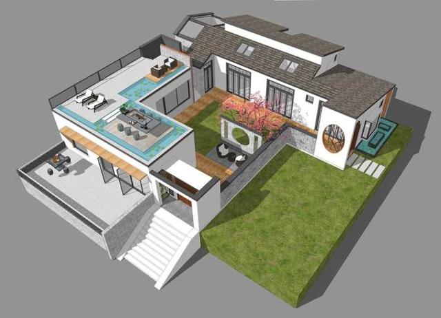 現(xiàn)代新中式二層三合院設(shè)計(jì)方案圖，低調(diào)，有品位