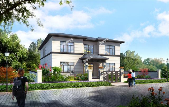 挑空客廳+旋轉(zhuǎn)樓梯二層時尚小樓房設(shè)計方案圖，美