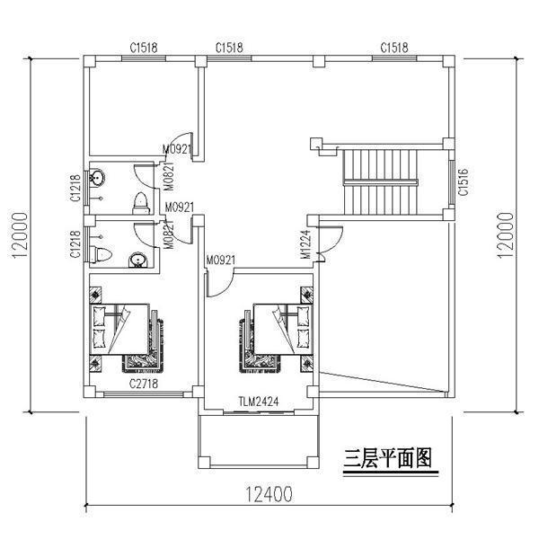 農(nóng)村別墅設(shè)計(jì)圖，車庫入戶，方正戶型12X12.4米！含建筑圖