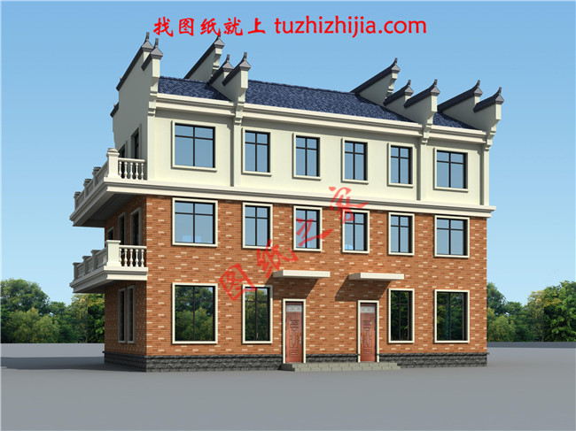 2018新農(nóng)村三層雙拼房屋設(shè)計(jì)圖紙平面圖與效果圖，帶堂屋