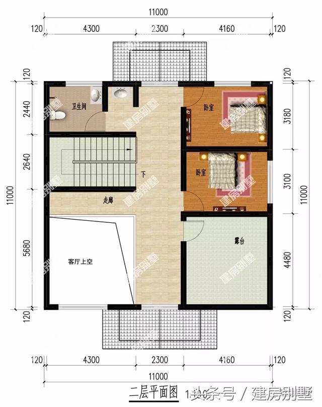 復(fù)式客廳中空11×11米二層別墅戶型圖，主體造價(jià)20萬(wàn)足矣