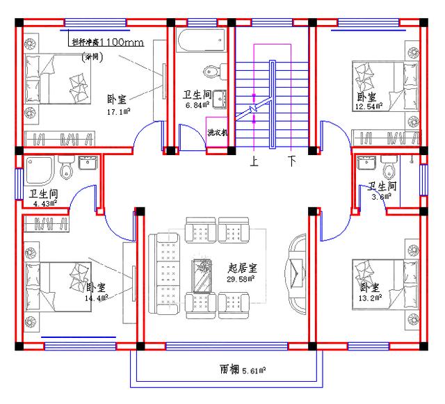 120㎡2廳8室7衛(wèi)三層新農(nóng)村自建房全套施工圖，房間多