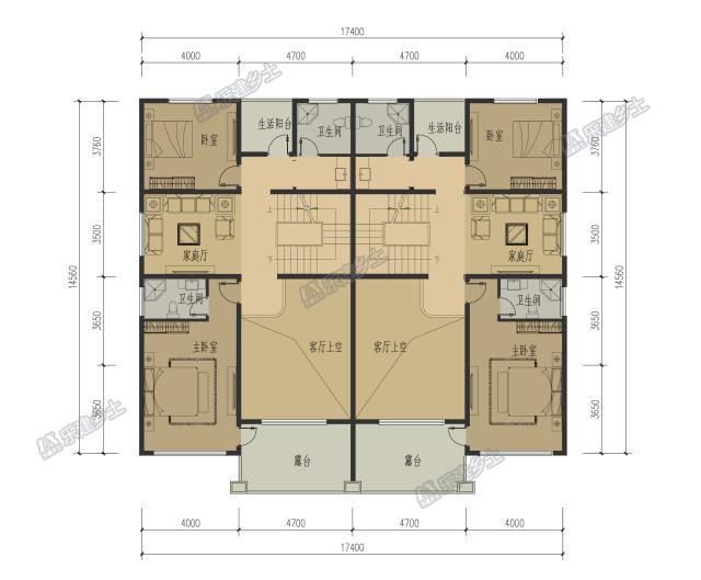 17x15米三層簡歐雙拼別墅，前后院布置滿足室外活動(dòng)需求