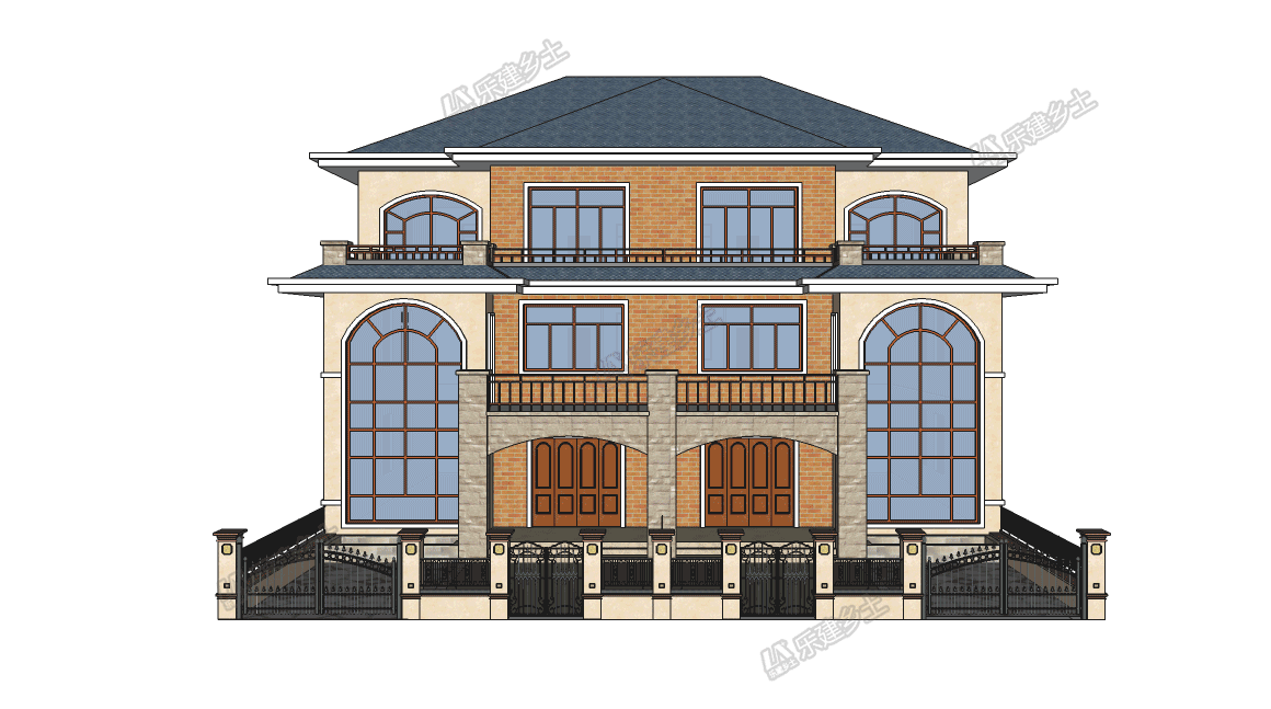 17x15米三層簡歐雙拼別墅，前后院布置滿足室外活動(dòng)需求